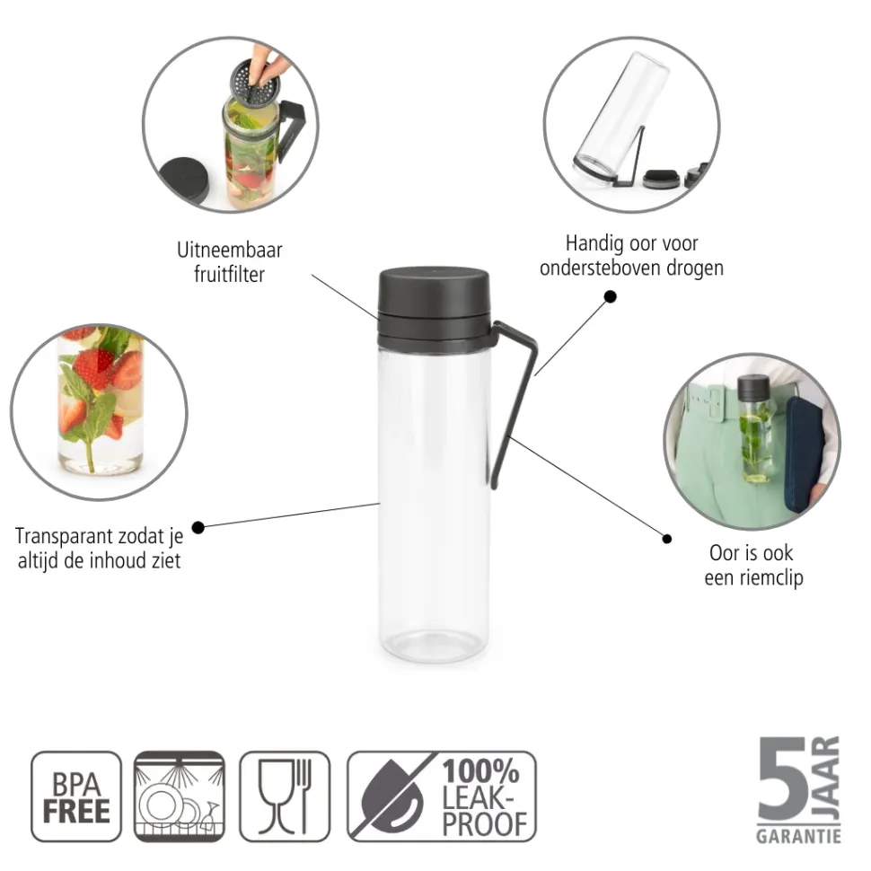 Brabantia Make & Take Waterfles met Fruitfilter 0,5 L - Dark Grey
