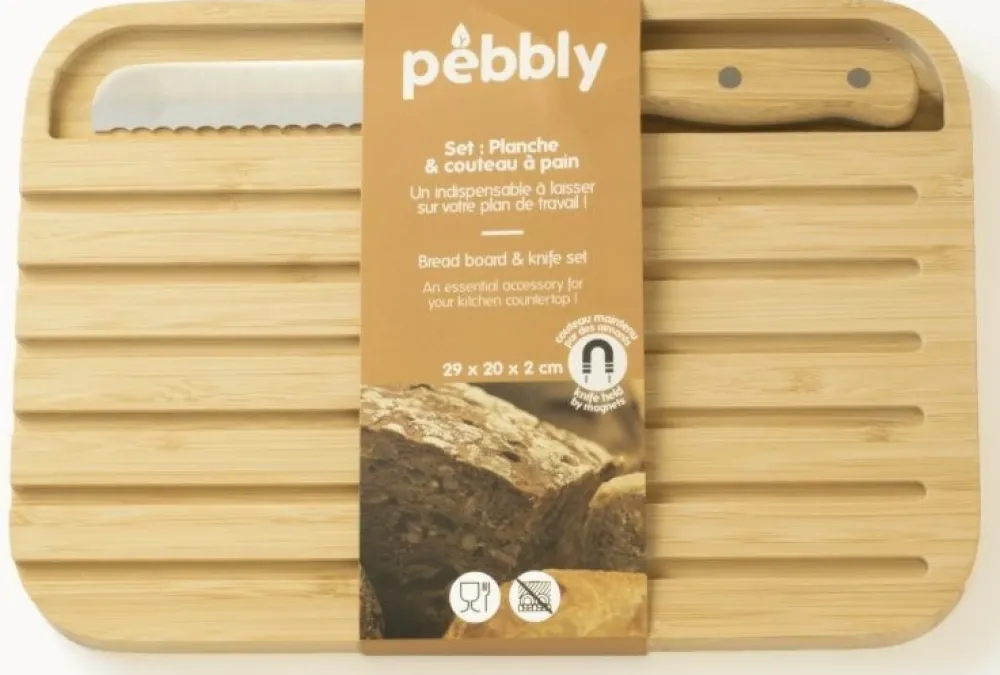 Pebbly Broodplank Met Broodmes Naturel 29x20 cm New